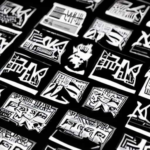 Prompt: black on white graphic design stickers in style of david rudnick, eric hu, guccimaze, acid, y 2 k, 4 k sharpening,