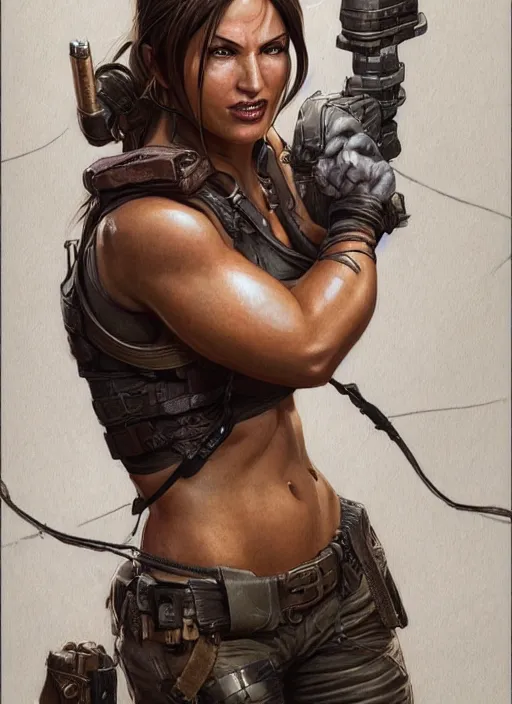 Image similar to muscled Lara Croft grinning as a ruggedly handsome heroine, intricate, elegant, highly detailed, centered, artstation, concept art, smooth, sharp focus, illustration, bokeh art by artgerm and donato giancola and Joseph Christian Leyendecker, WLOP