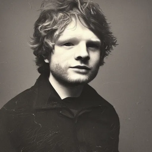 Image similar to daguerreotype ambrotype of scruffy - looking old ed sheeran in a dirty mining uniform, highly detailed,