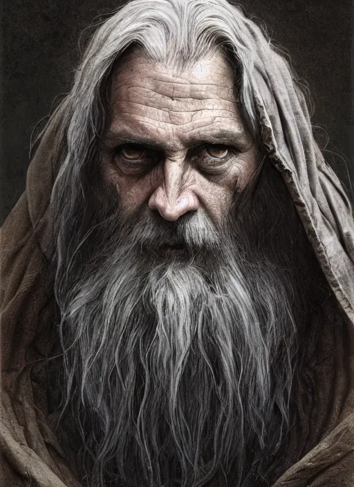 Prompt: portrait of a 6 0 year old giant man with long tangles of thinning gray hair and beard, one eye missing, wearing gray hooded cloak, hyper realistic face, two ravens above him, very low angle, fantasy art, in the style of greg rutkowski, intricate, alphonse mucha, hyper detailed, smooth