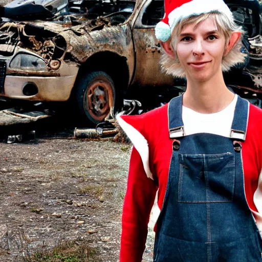 Image similar to close up headshot of a swiss young adult as a skinny high-fantasy elf with a long face narrow chin and spiky blonde hair wearing dark brown overalls and holding a bomb next to a destroyed car, high resolution film still, HDR color