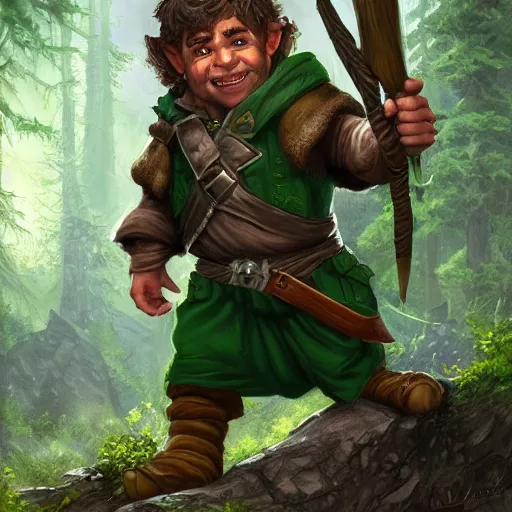 Prompt: a handsome young rugged halfling ranger and a dark green hood and cloak in the forest, adventure gear, realistic, detailed, masterpiece, by Tony Sart, trending on ArtStation