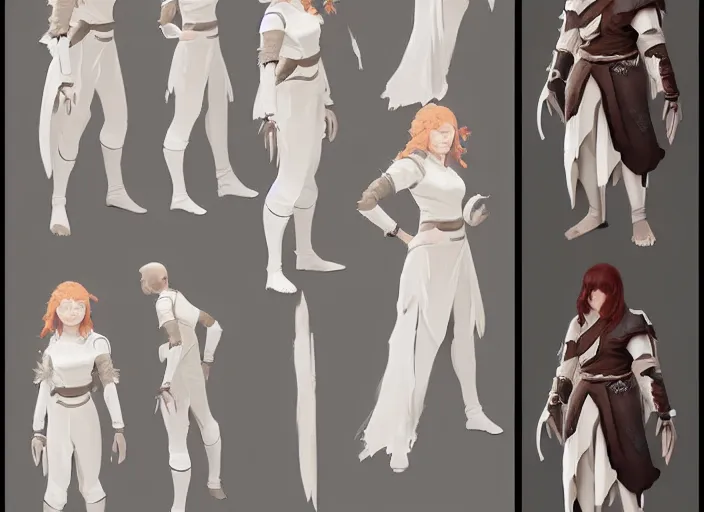 Prompt: character sheet for a ginger woman, mage, light white clothes, for dragon age by greg rutkowski, by studio ghibli, digital art, trending on artstation, hd, 8 k, highly detailed, good lighting, beautiful, masterpiece