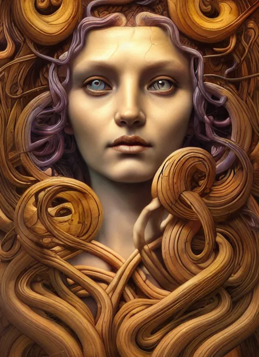 Image similar to medusa, wooden art nouveau swirls, strong subsurface scattering, in the style of james jean and tomasz alen kopera, mystical colors, rim light, soft lighting, 8 k, stunning scene, raytracing, octane render, trending on artstation