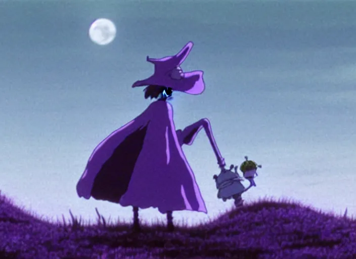 Prompt: a still from a studio ghibli movie of a purple cloaked skeleton necromancer from moomin ( 1 9 9 7 ), in front of a pale full moon, full body, wide shot, very dull muted colors, studio ghibli, highly detailed, deviantart, art by artgem