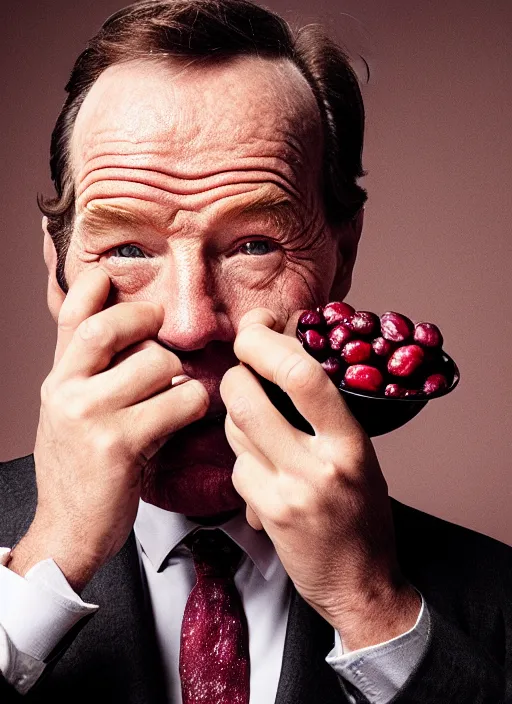 Prompt: bryan cranston bulging cheeks eating cranberries, open mouth spilling cranberries, hamster cheeks, studio light, bloom, detailed face, magazine, press, photo, steve mccurry, david lazar, canon, nikon, focus