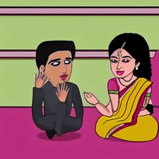 Prompt: Indian matchmaker yells at boy for choosing the wrong wife, cartoon style