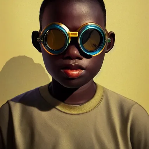 Image similar to colourful vfx upper half - portrait - art of a nigerian boy wearing steam punk goggles, art by hsiao - ron cheng & james jean, digital render, digital illustration, concept art, caricature, volumetric light, ray tracing, symmetrical, unreal engine, octane 3 d render, sharp, detailed, intricate detail, pinterest, behance, art station,