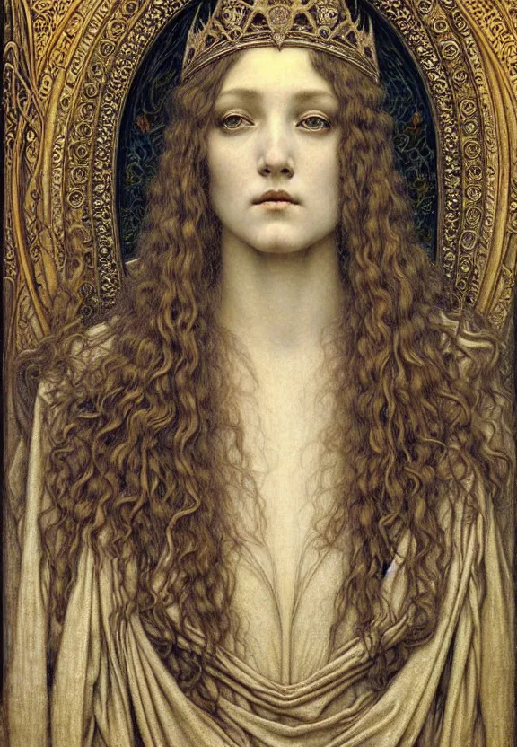 Image similar to detailed realistic beautiful young medieval queen face portrait by jean delville, gustave dore and marco mazzoni, art nouveau, symbolist, visionary, gothic, pre - raphaelite. horizontal symmetry