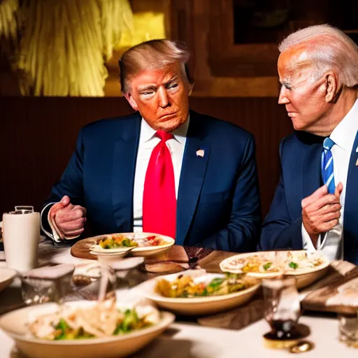 Prompt: Trump and Biden having dinner at a fancy Balinese restaurant, award winning photography, 85mm, perfect faces, zoom