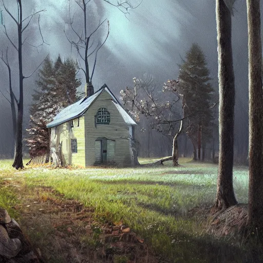 Image similar to a painting of a cottage in the middle of the woods, eerie thriller aesthetic!, detailed digital art, trending on artstation