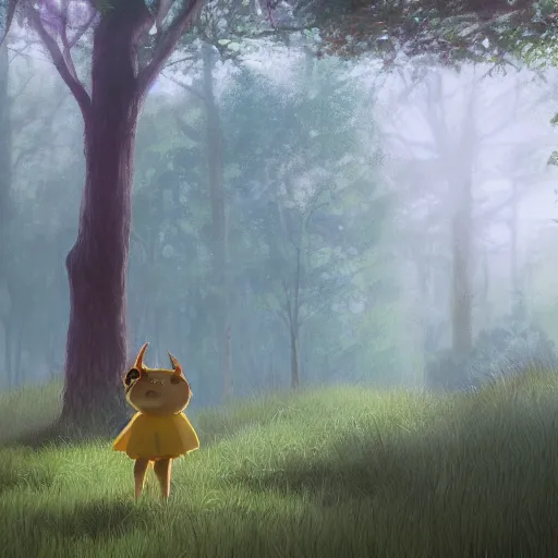 Image similar to concept art painting of an anthropomorphic chubby doe wearing yellow dress, in the deep forest, realistic, detailed, cel shaded, in the style of makoto shinkai and greg rutkowski and james gurney