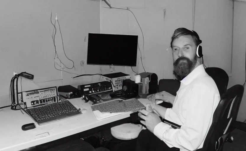 Image similar to man sitting facing away, working in low lit radio booth, one single lamp, colour video, keyboard, door to lab, sweaty, tannoy, strange