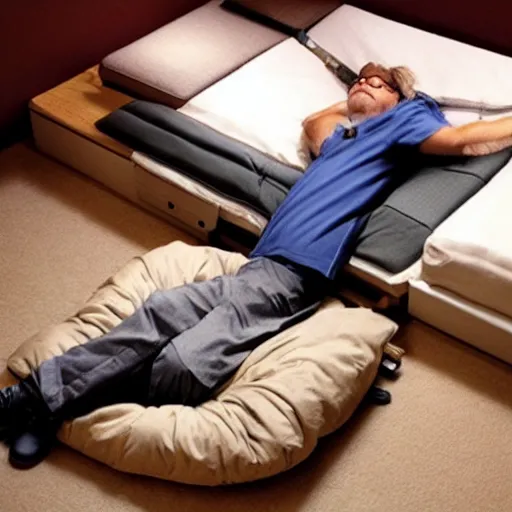 Prompt: gabe newell sleeping on futon on floor, realistic