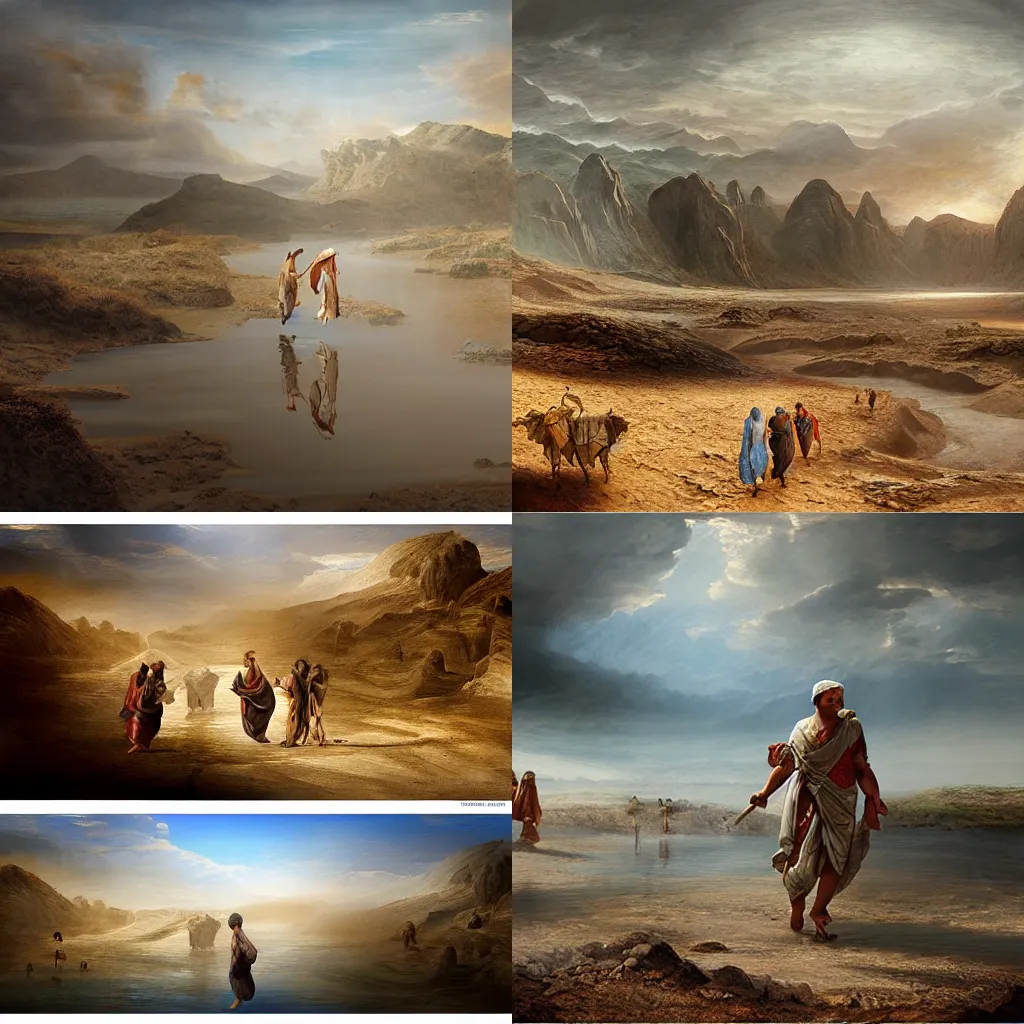 Prompt: walking across dry land with water on both sides, classical painting, high definition, digital art, matte painting, very detailed, realistic