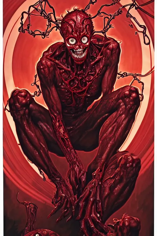 Image similar to the platonic ideal of cletus kasady carnage, detailed, intricate, hyperrealism, intense, scary by artgerm and greg rutkowski and alphonse mucha