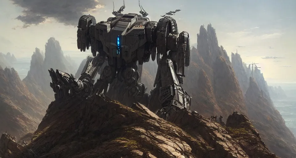 Image similar to hyper realistic sci - fi matte concept art painting of mecha on a cliff overlooking a raging battle, beautiful details, strong composition painted by kim jung guweta studio rutkowski, james gurney and greg rutkowski, and lucasfilm, smooth, intricate, detailed, sharp focus, cinematic