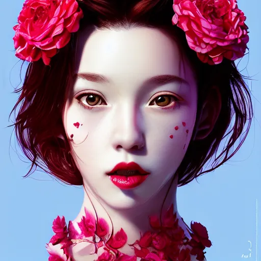 Prompt: the face of absurdly beautiful, graceful, elegant, sophisticated, sensual young gravure idol made of raspberries cherries and red pink petals, an ultrafine hyperrealistic illustration by kim jung gi, irakli nadar, intricate linework, bright colors, octopath traveler, final fantasy, unreal engine highly rendered, global illumination, radiant light, intricate environment