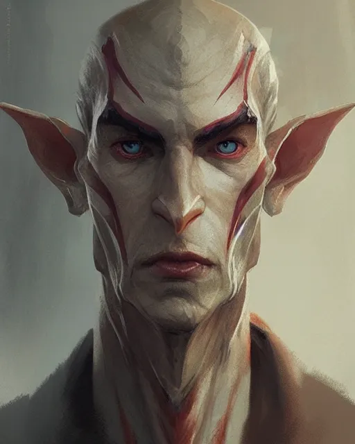 Image similar to character portrait of a slender half - elf man, by greg rutkowski, mark brookes trending on artstation
