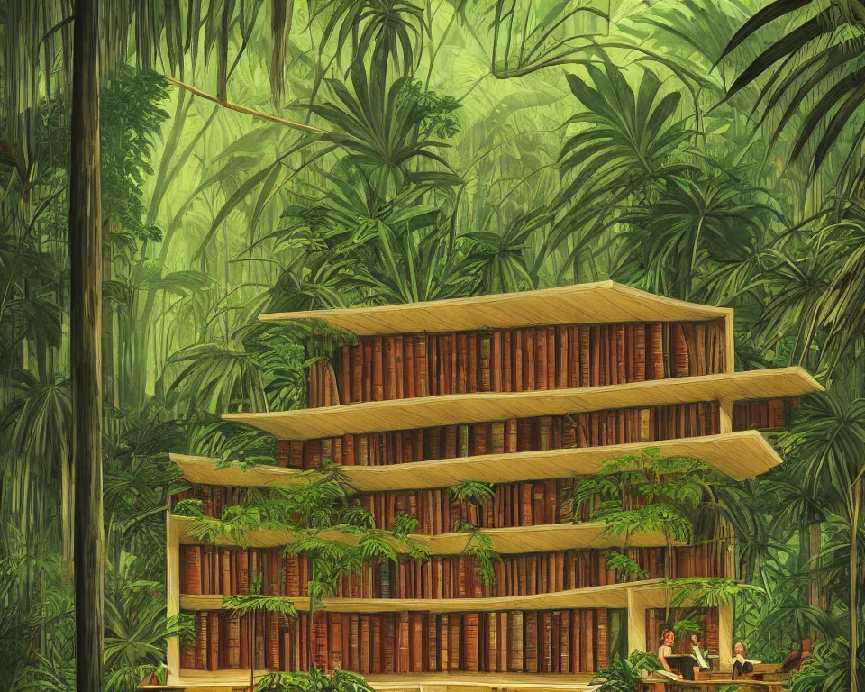 Prompt: a law library in the rainforest by hopper. hyperdetailed, proportional, romantic, enchanting, achingly beautiful, graphic print, trending on artstation, jungle, tropical, foliage