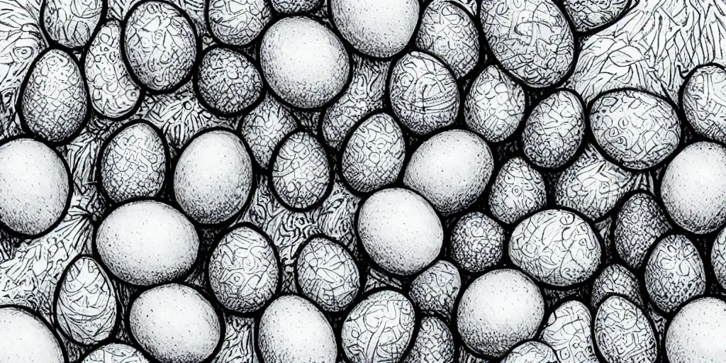 Image similar to an ultra - detailed pen drawing of smurfettes and color eggs.