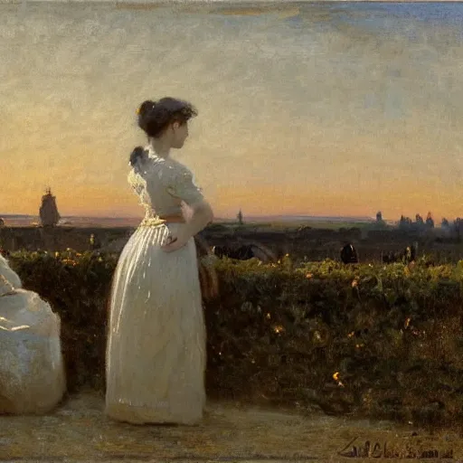 Prompt: young lady in ball gown and young worker watching the sunset by alfred stevens