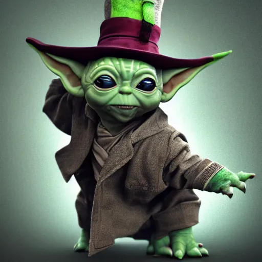 Prompt: full body pose, hyperrealistic photograph of baby yoda dressed as the mad hatter, dim volumetric lighting, 8 k, octane beautifully detailed render, extremely hyper detailed, intricate, epic composition, cinematic lighting, masterpiece, trending on artstation, very very detailed, stunning, hdr, smooth, sharp focus, high resolution, award, winning photo, dslr, 5 0 mm