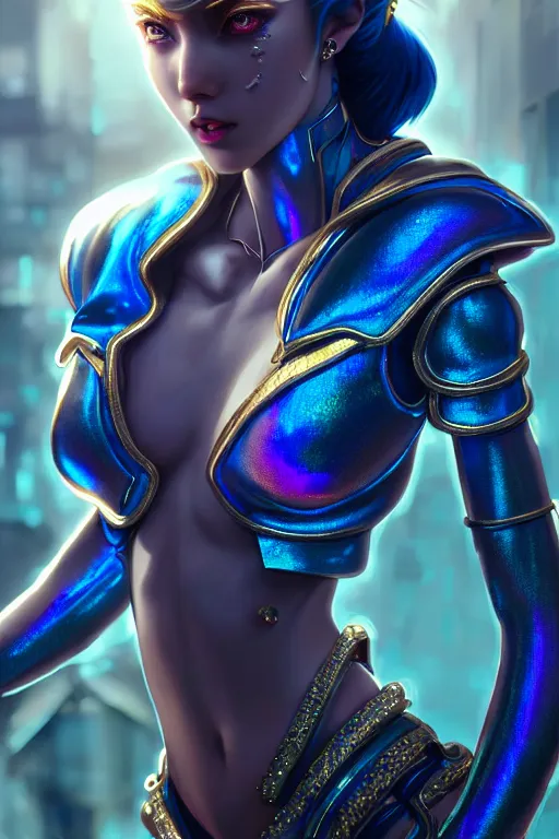 Image similar to hyperdetailed portrait of one stunningly beautiful european girl androgynous guard made of iridescent metals, shiny blue gems, in the cybercity inspired by ross tran and wlop and masamune shirow and kuvshinov, concept art, intricate, photorealistic, octane render, rtx, hdr, unreal engine, dnd digital art by artgerm