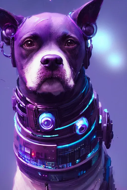 Image similar to a beautiful portrait of a cute cyberpunk dog by greg rutkowski and wlop, purple blue color scheme, high key lighting, volumetric light, digital art, highly detailed, fine detail, intricate, ornate, complex, octane render, unreal engine, photorealistic