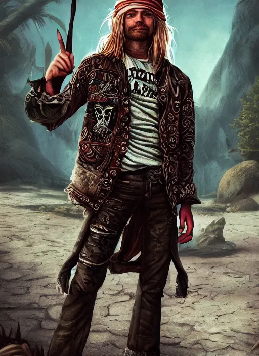 Image similar to detailed full body concept art illustration matte painting of kurt cobain pirate in full intricate clothing, ultra detailed, digital art, octane render, 4K, dystopian, micro details