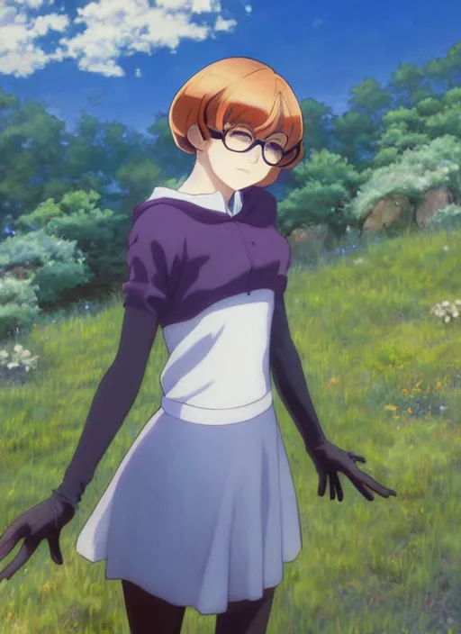 Image similar to Painting of Velma Dinkley in the style of Violet Evergarden, anime style, winged eyelashes, countryside, calm, fantasy character portrait, dark outlines, dynamic pose, above view, sunny day, artwork by Makoto Shinkai, very coherent asymmetrical artwork, sharp edges, perfect face, simple form, 100mm