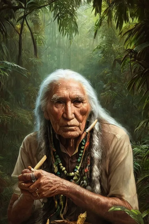 Image similar to a beautiful portrait of chief dan george taking tobacco snuff in the jungle, hyper realistic face, fantasy art, in the style of greg rutkowski, intricate, matte painting, hyper detailed, smooth