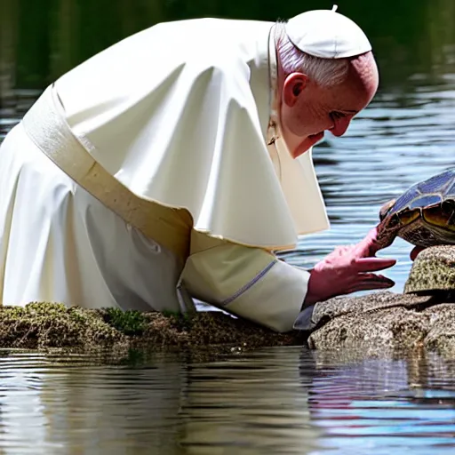 Prompt: cute photo of Pope Francis blessing pond turtle, HD photography, Canon eos r3, 8k resolution, red ear slider