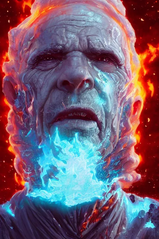 Prompt: the look of an elderly person, necromancer, witch - doctor covered with lava exploding into fire crystals, full of wrinkles and imperfections by artgem and greg rutkowski, highly detailed, high contrast, light reflection, trippy, nebula, trending on artstation