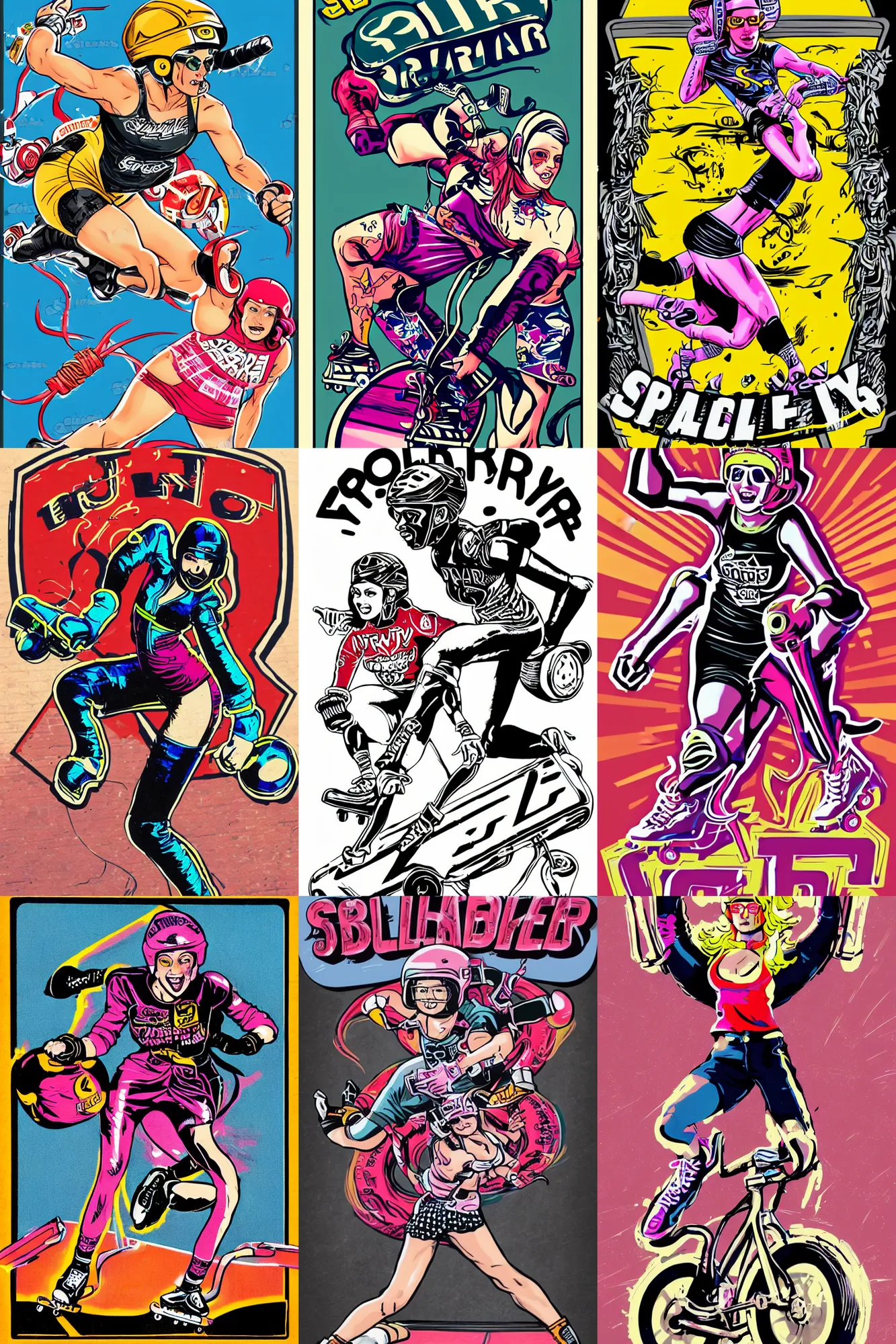 Prompt: roller derby girl sprinting , full length portrait, logo, wearing skating helmet, , victory arms, Philippe Caza