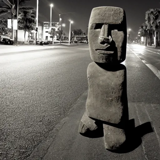 Prompt: a moai head statue skateboarding on the street, set at night