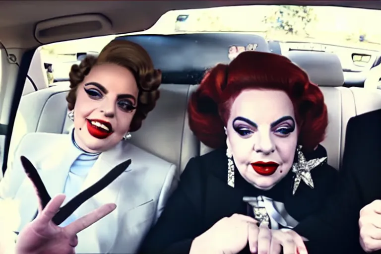 Image similar to lady gaga and judy garland doing carpool karaoke, lady gaga and judy garland, carpool karaoke, lady gaga, judy garland, carpool karaoke, youtube video screenshot, the late late show with james corden, higly realistic, high resolution, dashcam