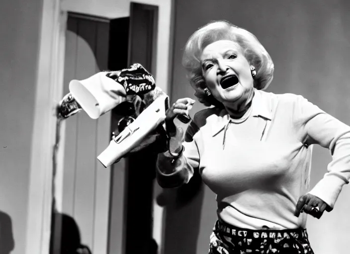 Image similar to publicity photo still of betty white as a gangsta rapper live on stage, 8 k, live concert lighting, mid shot