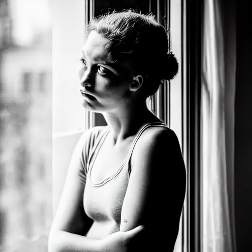 Prompt: black and white photography of highly detailed beautiful depressed Woman with detailed face in the heroine chique style standing by the window, vintage, natural light, sigma 85mm f/1.4 1/10 sec shutter