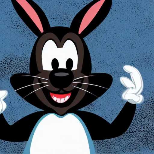 Image similar to A extremely highly detailed majestic hi-res beautiful, highly detailed head and shoulders portrait of a scary terrifying, horrifying, creepy black cartoon rabbit with scary big eyes, earing a shirt laughing, hey buddy, let's be friends, in the style of Walt Disney