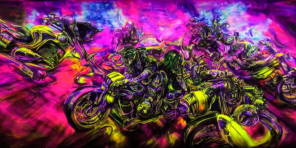 Prompt: psychedelic blacklight airbrush artwork, motorcycles, hyper stylized action shot of orc bikers racing on motorcycles, menacing orcs, drifting, skidding, wheelie, clear focused details, soft airbrushed artwork, black background, post - apocalypse, cgsociety, artstation, peter palombi, peter lloyd