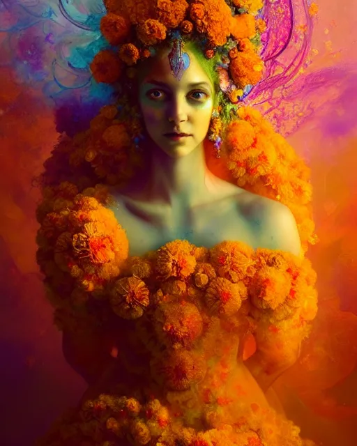 Image similar to Full View Portrait Mystical ethereal marigold deity wearing beautiful dress, marigold Dryad, 4k digital masterpiece by Anna dittman and Ruan Jia and Alberto Seveso, fantasycore, Hyperdetailed, realistic oil on linen, soft lighting, marigold background, featured on Artstation