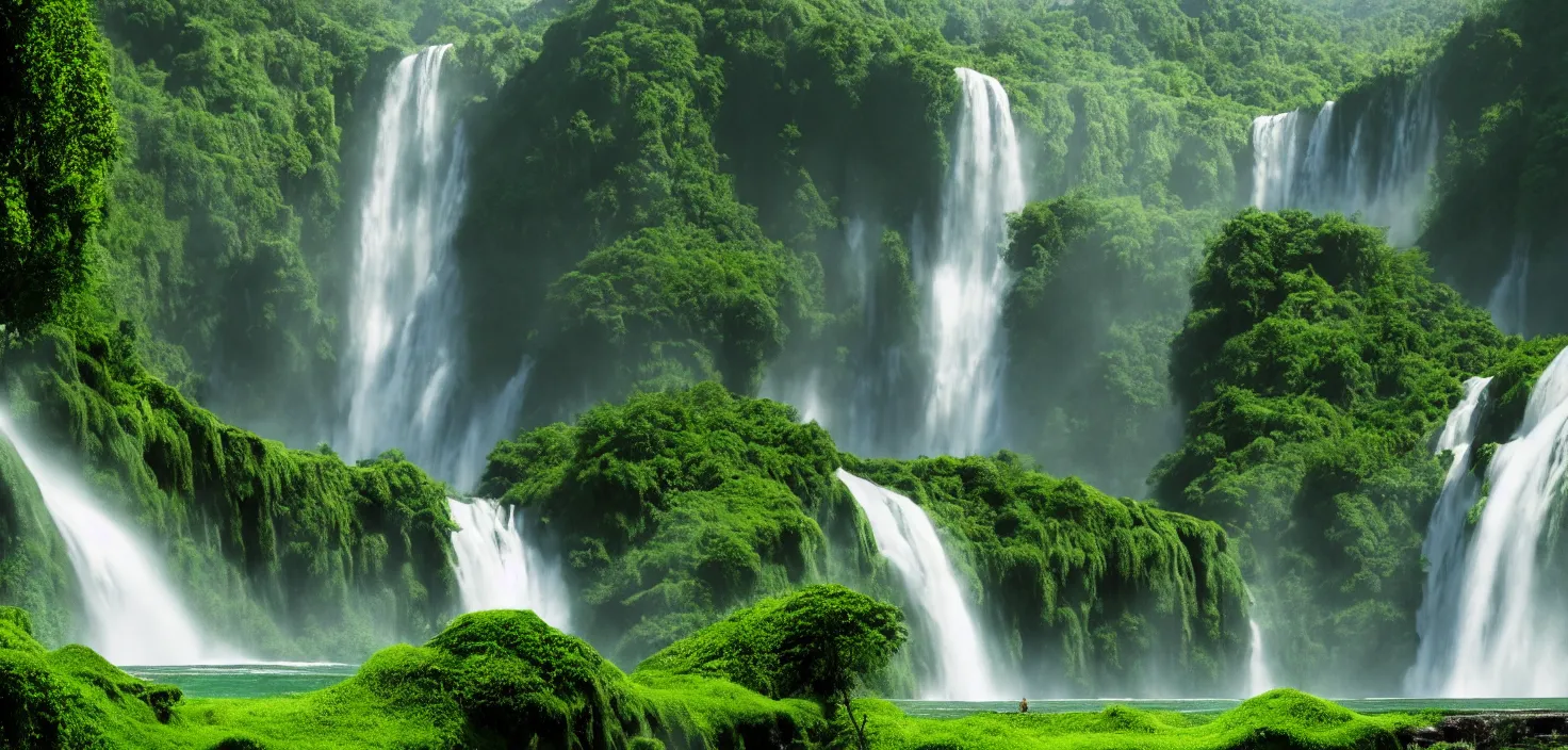 Image similar to a large waterfall in the middle of a green valley, a detailed matte painting by jacob willemszoon de wet, shutterstock contest winner, naturalism, sense of awe, national geographic photo, unreal engine