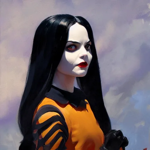 Image similar to greg manchess portrait painting of wednesday from addams family as overwatch character, medium shot, asymmetrical, profile picture, organic painting, sunny day, matte painting, bold shapes, hard edges, street art, trending on artstation, by huang guangjian and gil elvgren and greg rutkowski