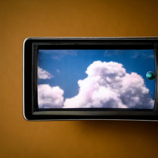 Image similar to a professional studio photograph of five 90s television VHS combo playing a video of clouds, key light, 50mm, shallow depth of field, no artefacts