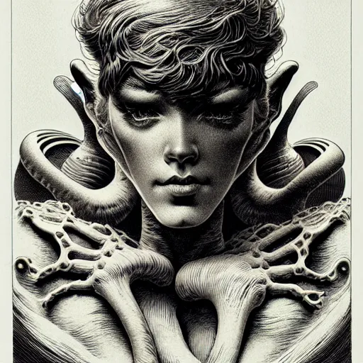 Image similar to medium portrait soft light, by bernie wrightson and joe fenton, inspired by ceramic robots mythology, etching, fine, sharp high detail, duotone screen print,