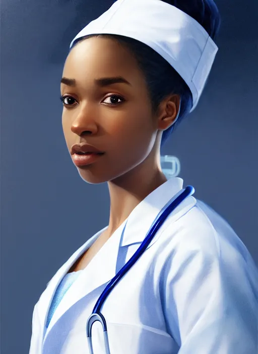 Prompt: half body portrait of young black woman as a doctor, blue scrubs and white coat, intricate, beautiful and elegant, highly detailed, digital painting, artstation, concept art, smooth, sharp focus, illustration, art by wlop, mars ravelo and greg rutkowski