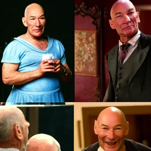 Prompt: fat patrick stewart in a dress drinking alcohol