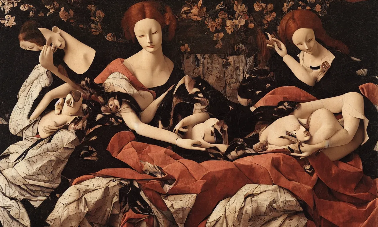 Image similar to a portrait of a beautiful female mannequin, a jointed wooden art doll with long flowing hair, sleeping on a patchwork quilt with a cat asleep next to her, cats sleeping, by Raphael, by Caravaggio