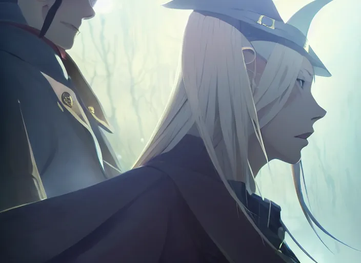 Prompt: side portrait of lady maria, helm of second world war warship in background, illustration concept art anime key visual trending pixiv fanbox by wlop and greg rutkowski and makoto shinkai and studio ghibli and kyoto animation, symmetrical facial features, astral witch clothes, dieselpunk, golden details, gapmoe yandere grimdark, volumetric lighting, backlit